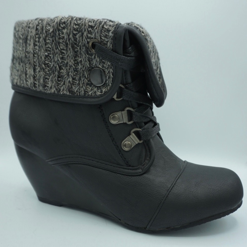 Black Wedge Booties with Grey Fold Down Cuff